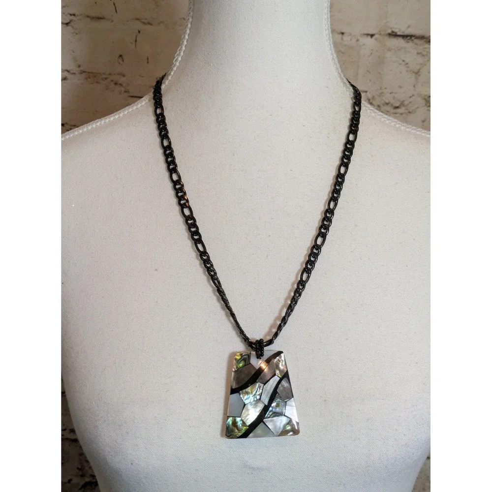 Abstract Mother Of Pearl Pendant Necklace Mosaic Style Artsy Artisan Black Chain